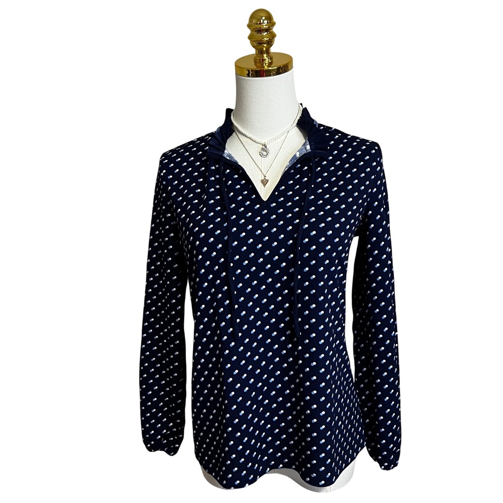 Talbots Petite Navy Polka Dot Ruffle Collar Tie Neck Blouse SP